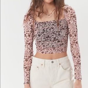 UO Liana Pink Leopard Mesh Long Sleeve Cropped Top